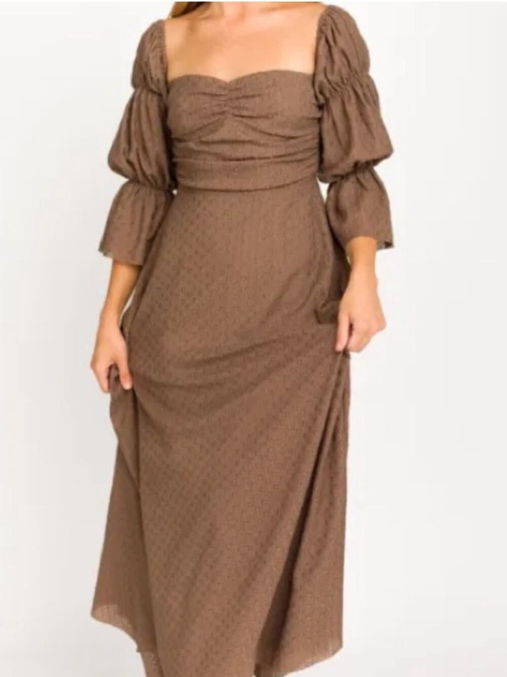 Worth Collective Beige Midi Dress Womens M Boho Peasant Swiss Dot Summer Modest